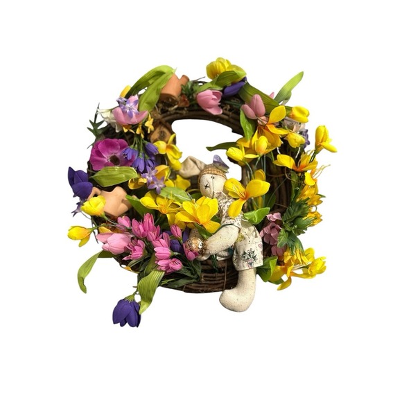 VTG  KMART STORE 16" Easter Wood Twigs Garden Wreath Handmade Moss Flowers Bunny - Picture 1 of 8